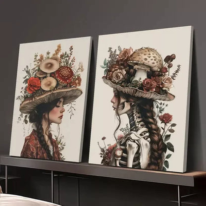 2pcs Mushrooms & Flowers, Skull, Mysterious Style, Oil Painting Canvas Framed 50x75cm - High Quality Print 100% Australian Made Wall Canvas Ready to Hang