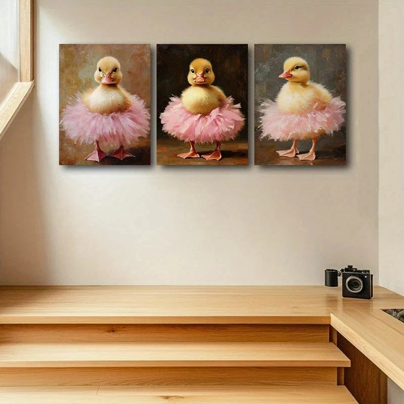 3pcs Adorable Duckling Playful Poses Metal Print Ready to Hang Art