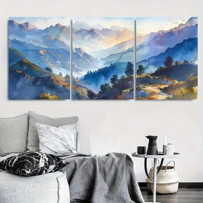 3pcs Misty Blue Mountain Sunrise Metal Print Ready to Hang Art