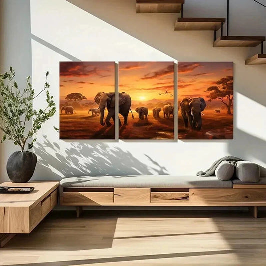 3pcs African Elephant in a Grassland During Sun Wall Art Set Canvas Framed 40x60cm - High Quality Print 100% Australian Made Wall Canvas Ready to Hang