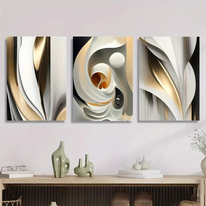 3pcs Golden White Abstract Texture Metal Print Ready to Hang Art