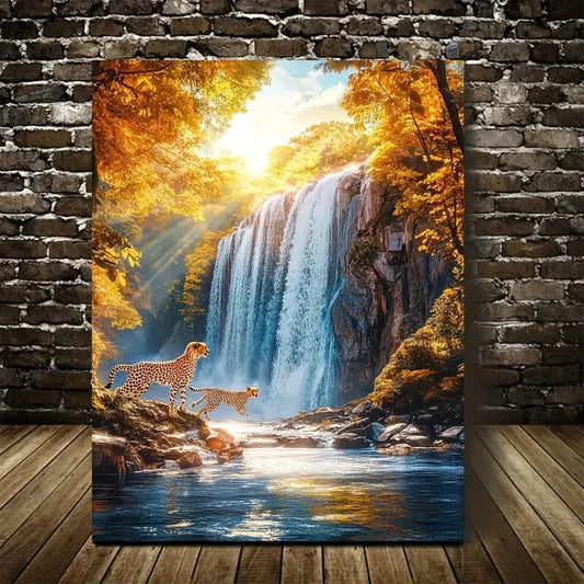 Vibrant Cheetahs by Waterfall Scene Painting 40x60cm Metal Print Ready to Hang