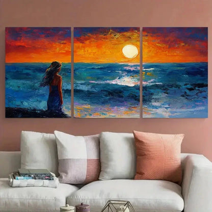 3pcs Girl Beach Night Seascape Design Wall Art Set Canvas Framed 40x60cm - High Quality Print 100% Australian Made Wall Canvas Ready to Hang