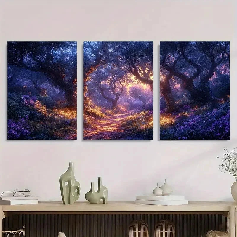 3pcs Magical Glowing Trees & Pathway Metal Print Ready to Hang Art