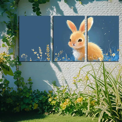 3pcs Vibrant Rabbit in Garden Illustration Metal Print Ready to Hang Art