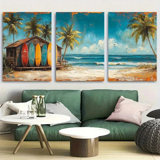3pcs Surfboards Resting Against Shack On Sandy Metal Print Ready to Hang Art