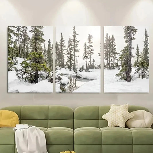3pcs Serene Pine Trees and Stream Scene Metal Print Ready to Hang Art