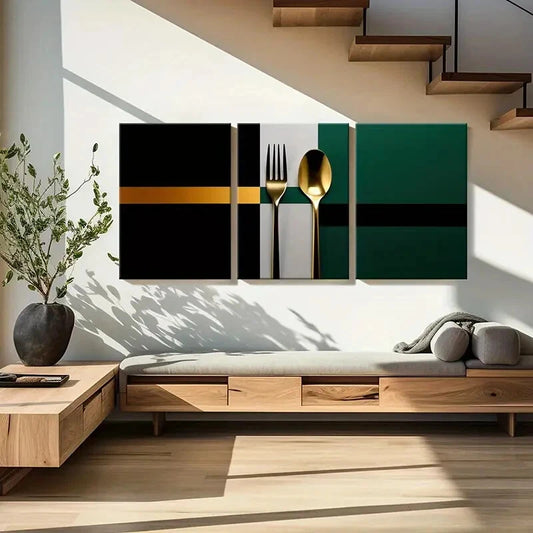 3pcs Golden Cutlery Abstract Design Modern Art Metal Print Ready to Hang Art