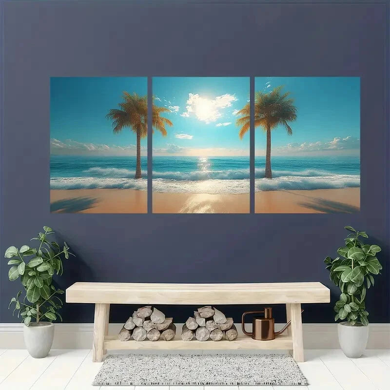3pcs Tropical Beach Palm Trees & Ocean Landscape Metal Print Ready to Hang Art