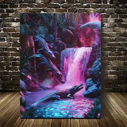 Vibrant Cyberpunk Crocodile Scene with Neon Painting 40x60cm Metal Print Ready to Hang