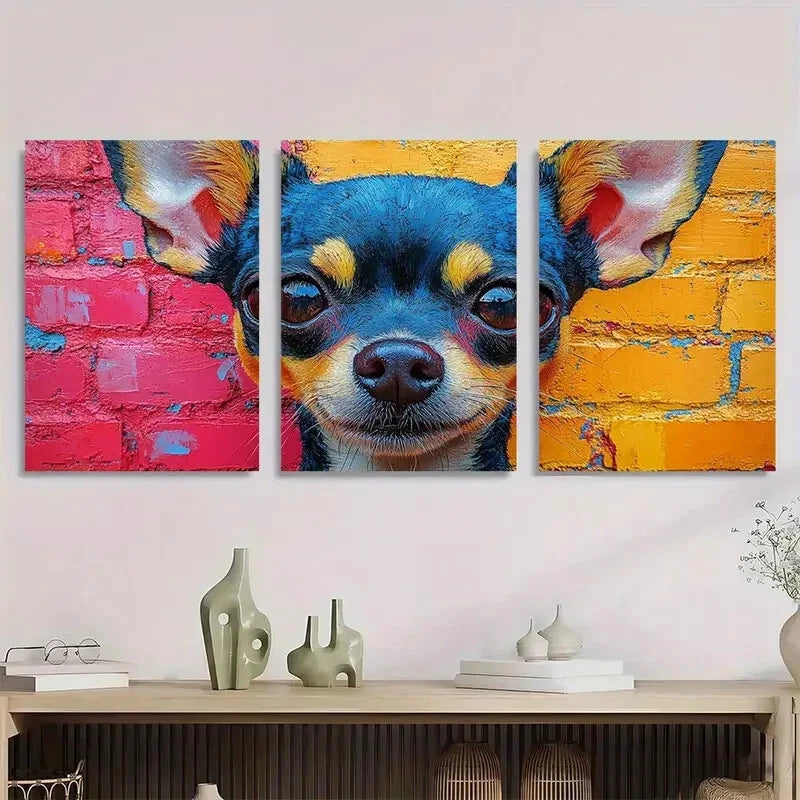 3pcs Vibrant Chihuahua Abstract Colorful Dog Metal Print Ready to Hang Art