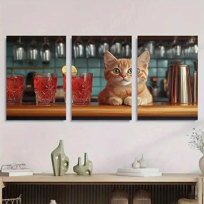 3pcs Modern Atomic Cocktail Bar Pink Cat Metal Print Ready to Hang Art