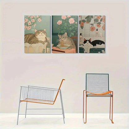 3pcs Cats in Nature Dining and Bath Time Metal Print Ready to Hang Art