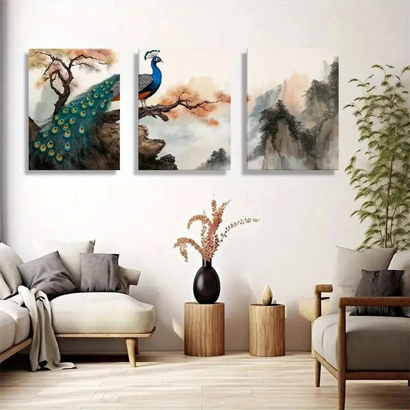 3pcs Elegant Oriental Bird and Nature Metal Print Ready to Hang Art