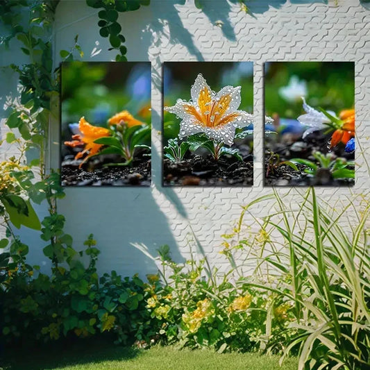 3pcs Vibrant Flowers Blooming with Water Drops Metal Print Ready to Hang Art