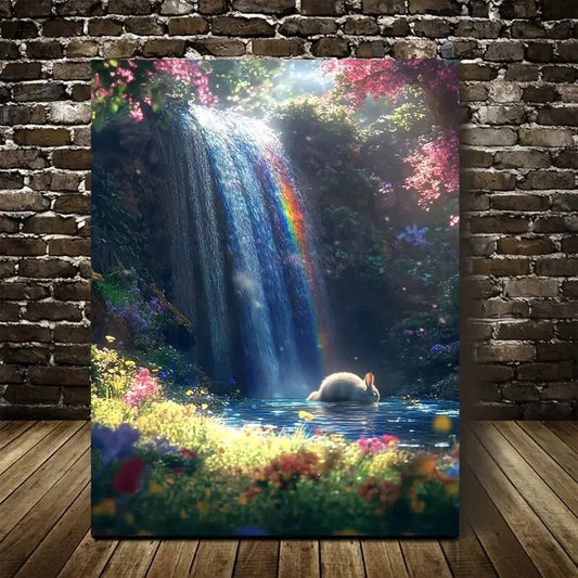 Enchanting Waterfall & Rainbow Scene with Rabbit 40x60cm Metal Print Ready to Hang