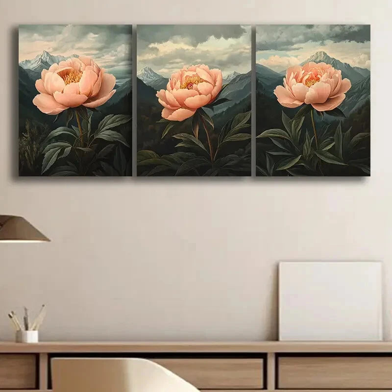 3pcs Elegant Peony Rose Themed Floral Metal Print Ready to Hang Art