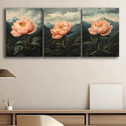 3pcs Elegant Peony Rose Themed Floral Metal Print Ready to Hang Art