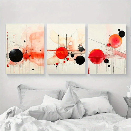 3pcs Geometric Abstract Black & Red Circles Metal Print Ready to Hang Art