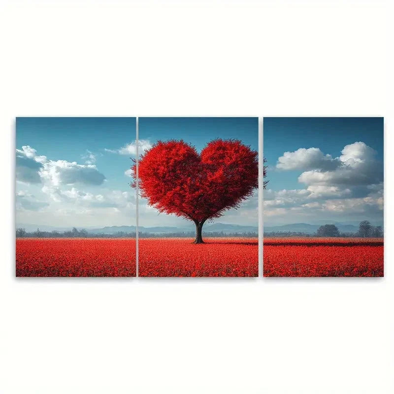 3pcs Romantic Heart Shaped Tree Red Meadow Scene Wall Art Set Canvas Framed 50x70cm - High Quality Print 100% Australian Made Wall Canvas Ready to Hang