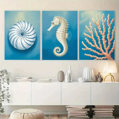 3pcs Seashell Seahorse Coral Decorations Metal Print Ready to Hang Art