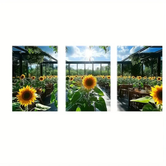 3pcs Abstract Sunflower & Greenery Balcony Scene Metal Print Ready to Hang Art