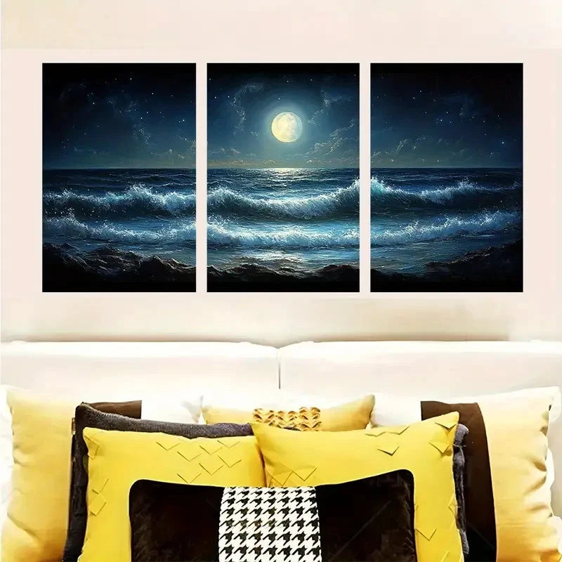 3pcs The Ocean Waves Under The Moon Wall Art Set Canvas Framed 50x70cm - High Quality Print 100% Australian Made Wall Canvas Ready to Hang