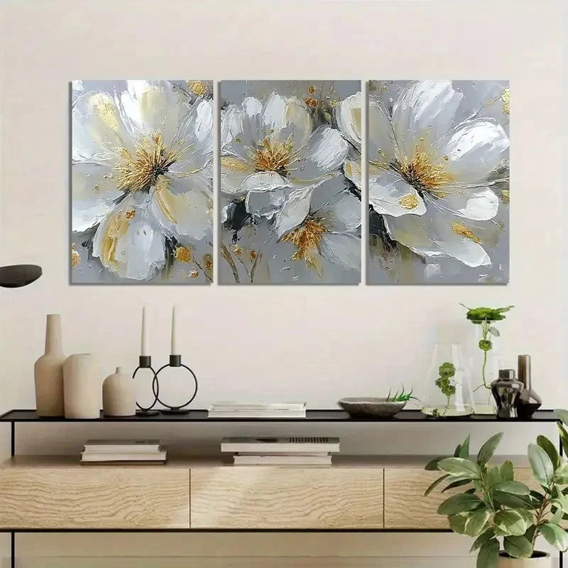 3pcs Elegant White Flowers with Golden Accents Metal Print Ready to Hang Art
