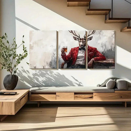 3pcs Elegant Deer in Red Suit Fantasy Animal Metal Print Ready to Hang Art