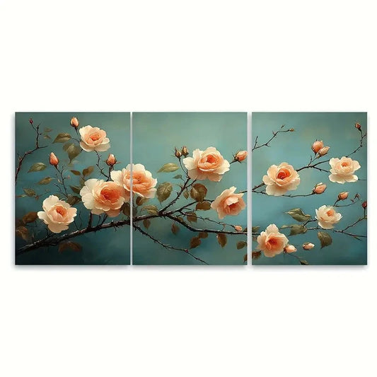 3pcs Sakura Blossoms Cream Roses Vintage Wall Art Set Canvas Framed 60x90cm - High Quality Print 100% Australian Made Wall Canvas Ready to Hang
