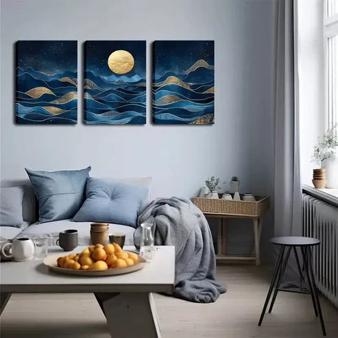 3pcs Blue Abstract Mountain And Moon Wall Art Canvas Unframed - High Quality Print 100% Australian Made Wall Canvas