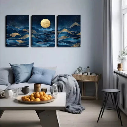 3pcs Blue Abstract Mountain And Moon Wall Art Canvas Unframed - High Quality Print 100% Australian Made Wall Canvas