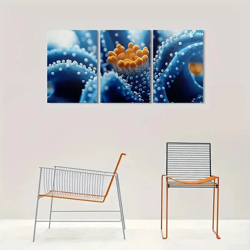 3pcs Abstract Blue Flower Golden Metal Print Ready to Hang Art