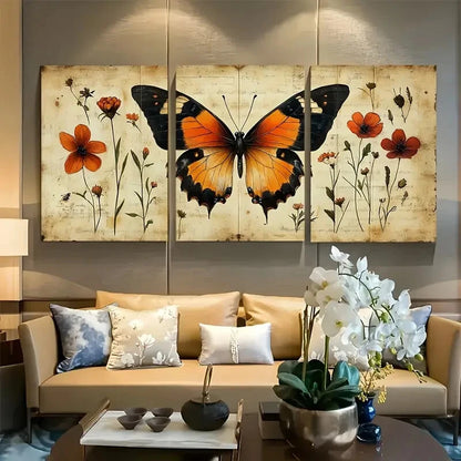 3pcs Vibrant Orange & Black Butterfly with Florals Metal Print Ready to Hang Art