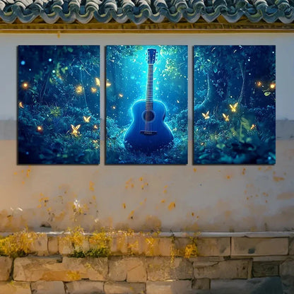 3pcs Guitar in the Forest with Fireflies Design Metal Print Ready to Hang Art