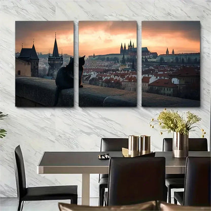 3pcs Prague Cityscape Featuring Iconic Metal Print Ready to Hang Art