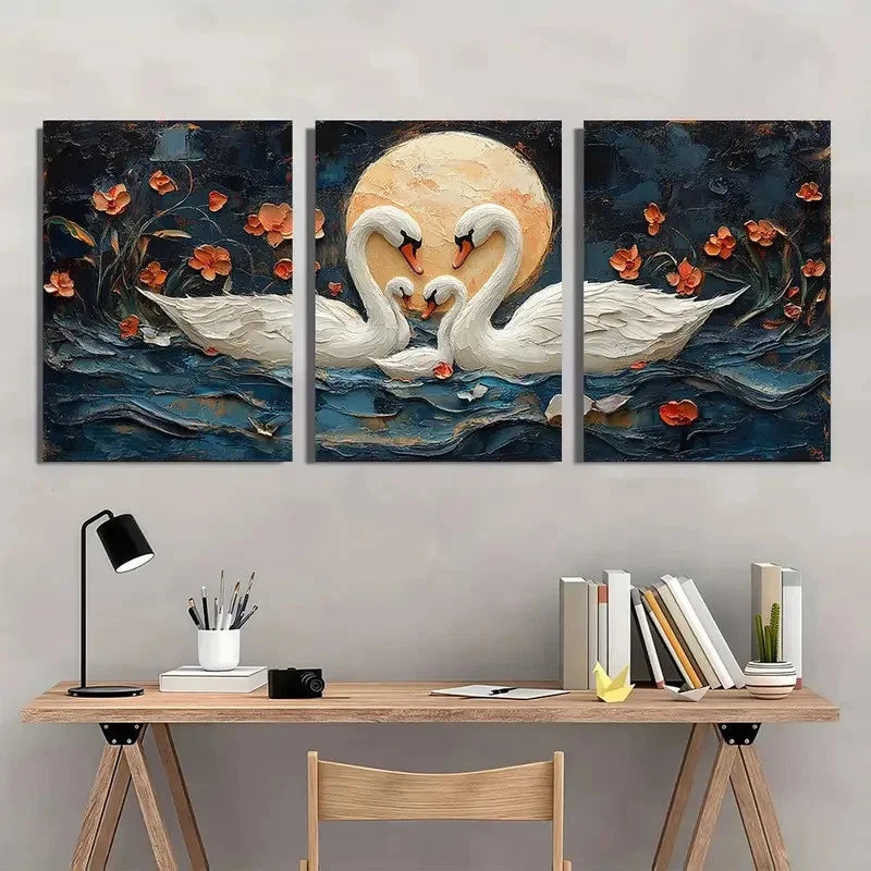 3pcs Animal Series Swan Family Pattern Wall Art Set Canvas Framed 60x90cm - High Quality Print 100% Australian Made Wall Canvas Ready to Hang