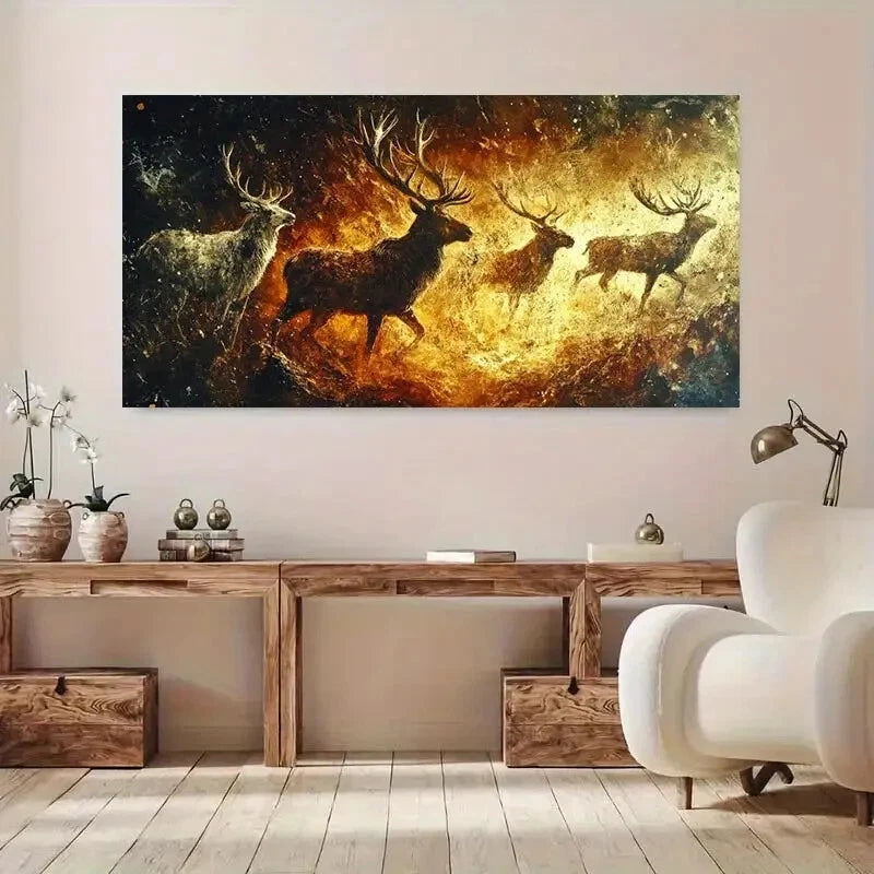 Majestic Stags Gold Fiery wall canvas office home room framed 120x60cm - Bella Home Decor