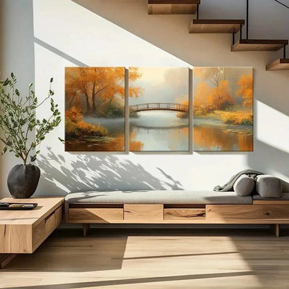 3pcs Autumn Scenery with Bridge Over River Metal Print Ready to Hang Art
