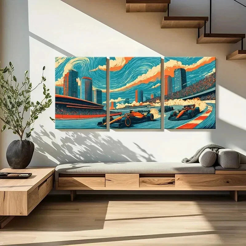 3pcs Vibrant Formula One Cars Cityscape Skyline Metal Print Ready to Hang Art