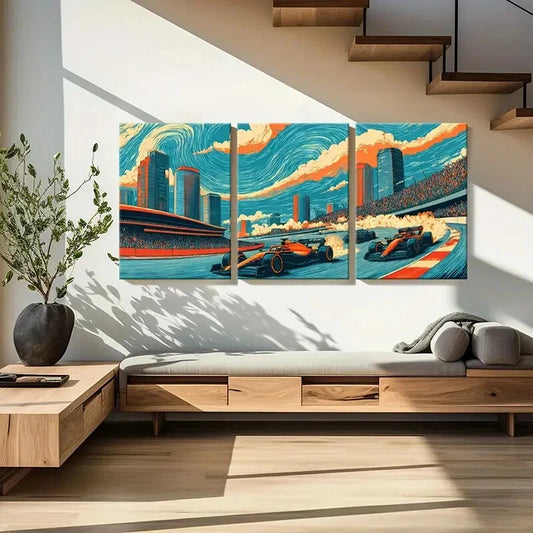 3pcs Vibrant Formula One Cars Cityscape Skyline Metal Print Ready to Hang Art