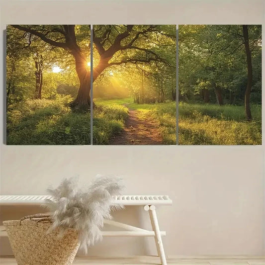 3pcs Vibrant Oak Forest Path Sunlit Rustic land Metal Print Ready to Hang Art