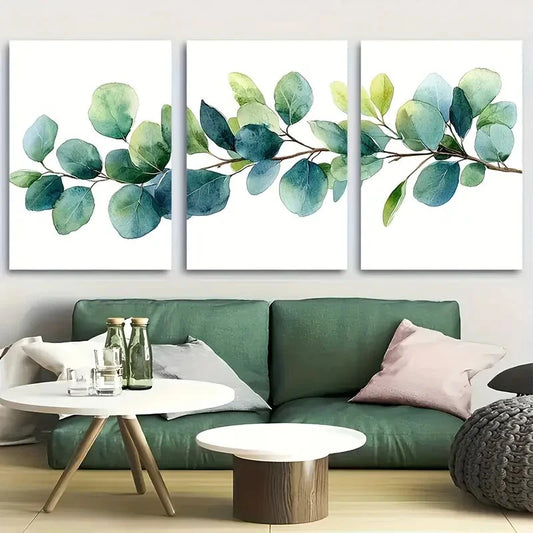 3pcs Elegant Watercolor Eucalyptus Branch Metal Print Ready to Hang Art