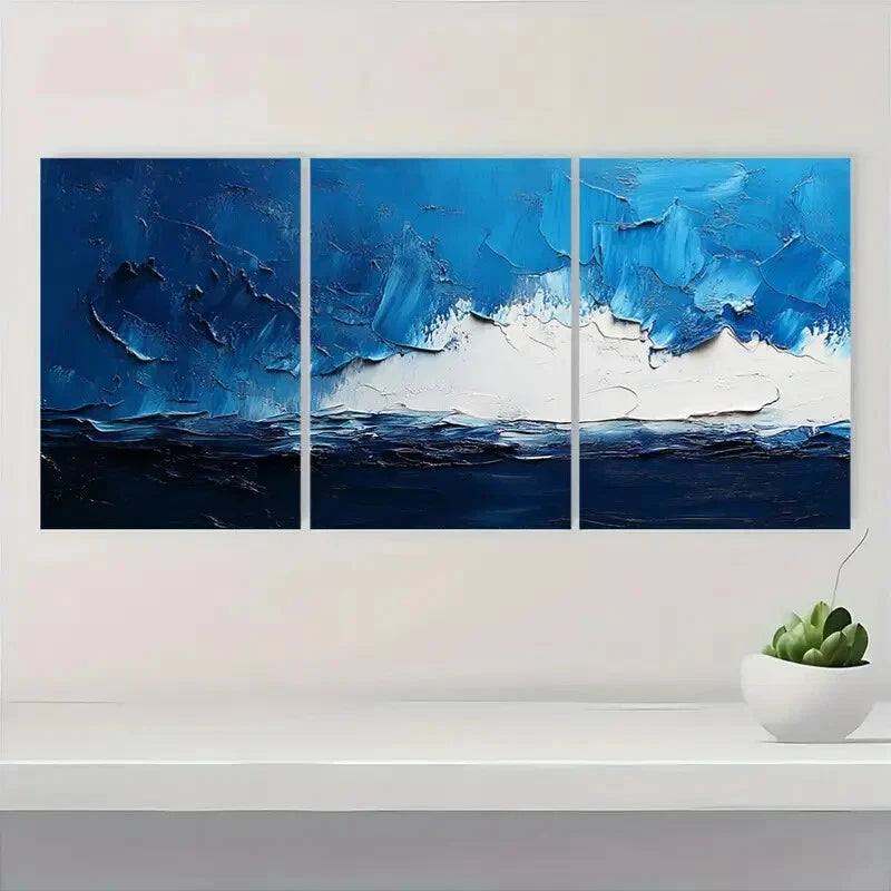3pcs Abstract Blue and White Textured Metal Print Ready to Hang Art