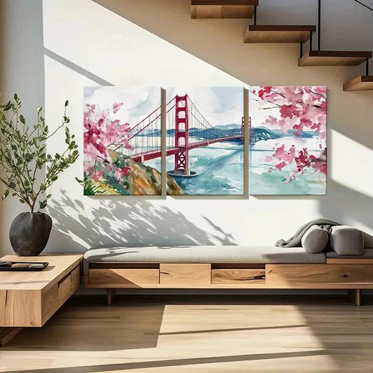 3pcs Golden Gate Bridge Cherry Blossoms Poster Metal Print Ready to Hang Art