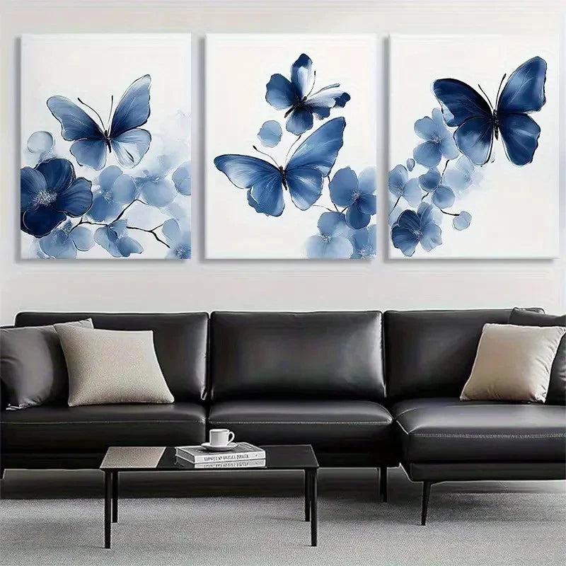 3pcs Blue Butterfly and Floral Watercolor Metal Print Ready to Hang Art