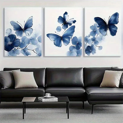 3pcs Blue Butterfly and Floral Watercolor Metal Print Ready to Hang Art