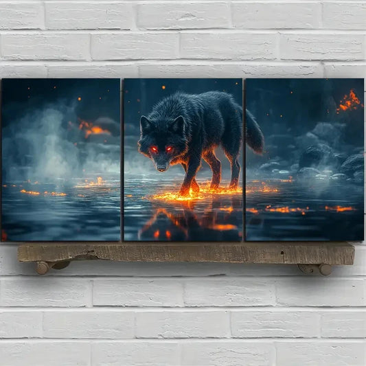 3pcs Wolf In The Flames Animal Themed Metal Print Ready to Hang Art