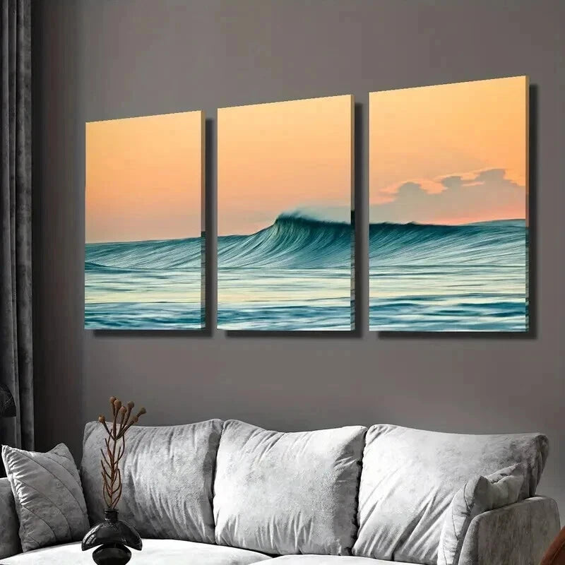 3pcs Ocean Waves and Orange Sky Landscape Wall Art Set Canvas Framed 40x60cm - High Quality Print 100% Australian Made Wall Canvas Ready to Hang