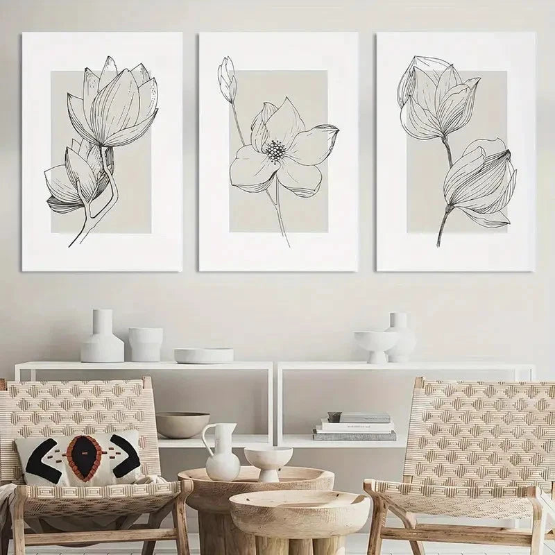 3pcs Beige Simple Floral Painting Wall Art Metal Print Ready to Hang Art